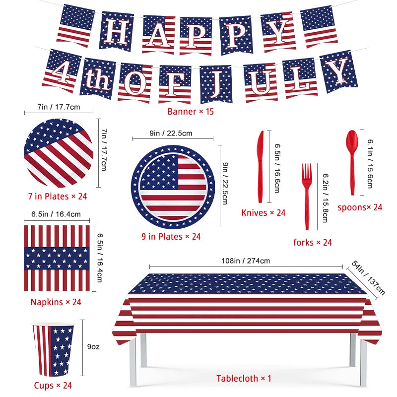 4th of July American Independence Day party tableware set American flag pattern paper plates cups banner decoration