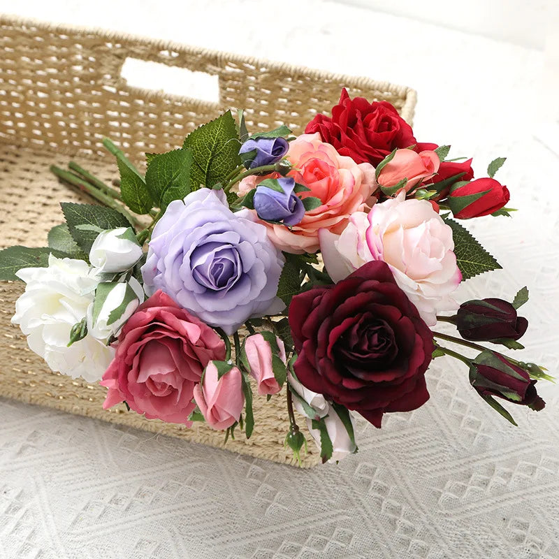5Pcs Simulation Rose 1 flower 2 Bud Moisturizing Roses Real Touch Artificial  Flowers Home Decoration Wedding Bridal Bouquet