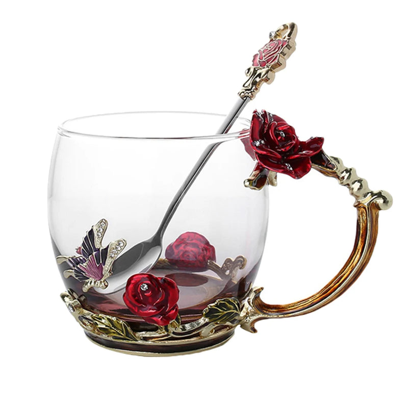 Enamel Coffee Tea Cup Mug 3D Rose Butterfly Glass Cups Wedding Gift SEC88