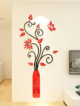 Vase Acrylic 3D Wall Sticker Home decor Porch Living room Background Wall Flower Rattan Decoration Hot sale