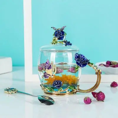 Blue Beautiful Butterfly Enamel Coffee Cup Flower Tea Glass Mugs  Hot and Cold Drink Tea Cup Spoon Set Perfect Wedding Gift