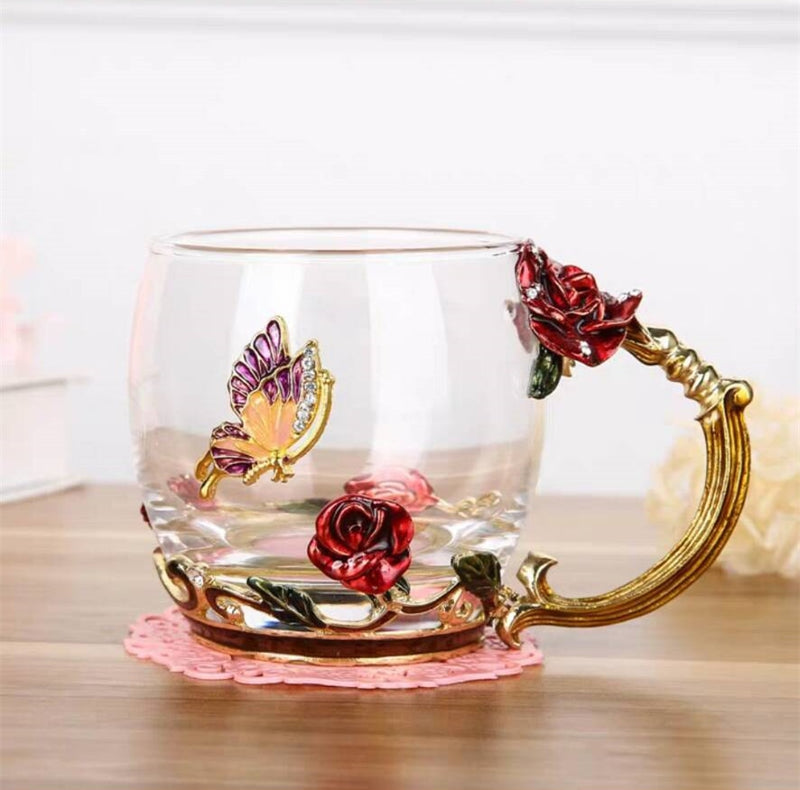 Hand-made Enamel Coffee Mug Crystal Cup Milk Lemon Flower Tea Cup High-grade Glass Drinkware Gift Couple Mug For Lover Wedding