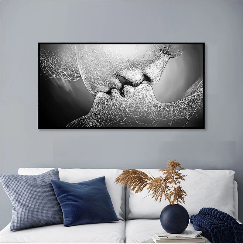 Black Love Abstract Kiss Canvas Modern Couple Wall Art for Living Room, Bedroom & Office Decor