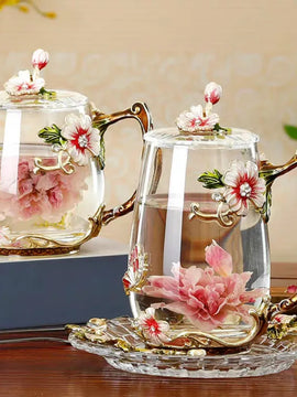 Beautiful Flower Tea Glass Mug Enamel Coffee Cup and Mug for Hot and Cold Drinks Home Tea Cup Spoon Set Perfect Gift for Mom