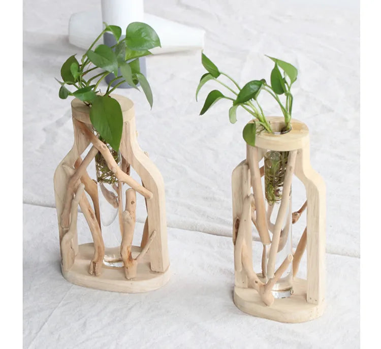 Wooden Vase for Desktop Decorated with Solid Wood Flower Pot for Water Planting Creative Home/Office Decorative Vase