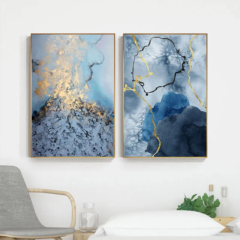 Abstract Flowing Golden Blue Canvas Painting Luxurious Posters Prints Art Wall Pictures for Living Room Decor Tableau Decoration
