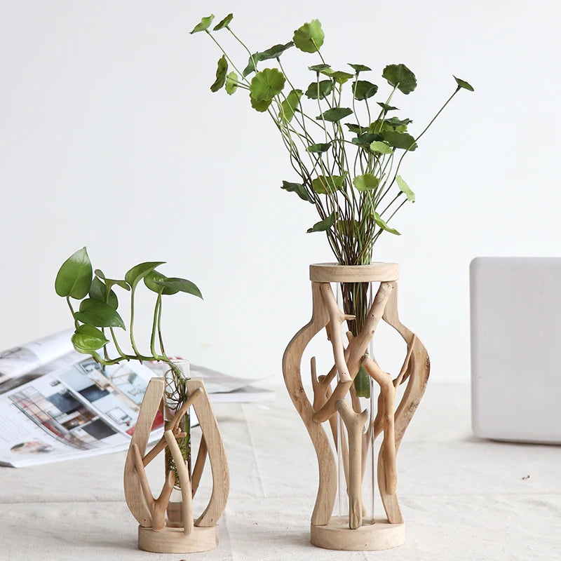 Wooden Vase for Desktop Decorated with Solid Wood Flower Pot for Water Planting Creative Home/Office Decorative Vase