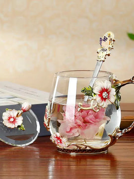 Beauty And Novelty Enamel Coffee Cup Mug Flower Tea Glass Cups for Hot and Cold Drinks Tea Cup Spoon Set Perfect Wedding Gift