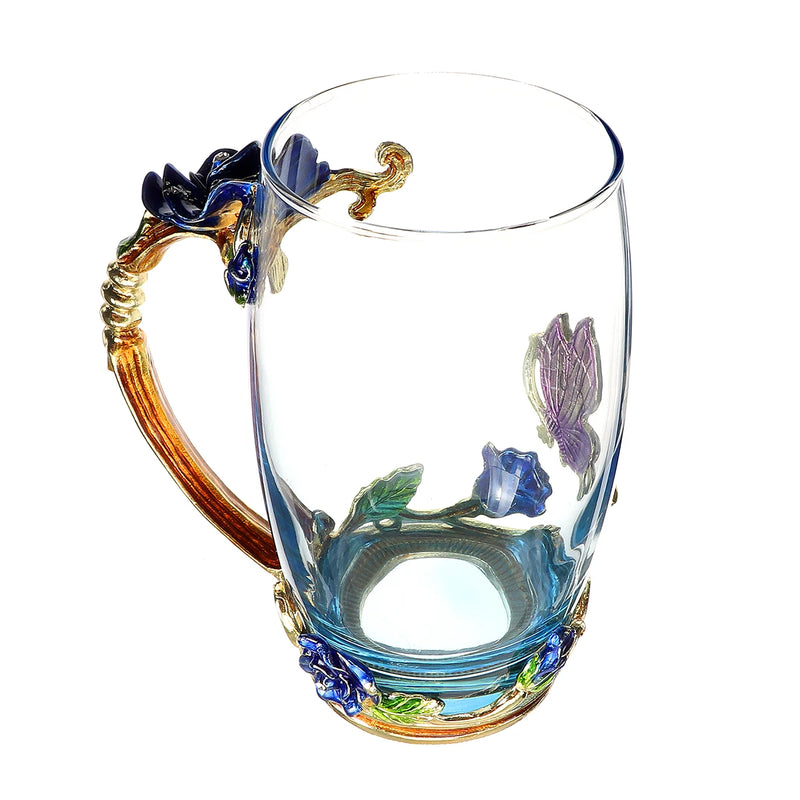 Blue Beautiful Butterfly Enamel Coffee Cup Flower Tea Glass Mugs  Hot and Cold Drink Tea Cup Spoon Set Perfect Wedding Gift