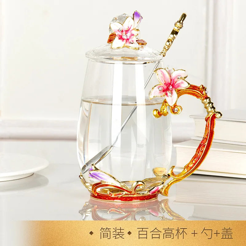 Enamel cup gift box set tea cup glass female flower tea cup gift custom home cup manufacturer direct sales and wholesale