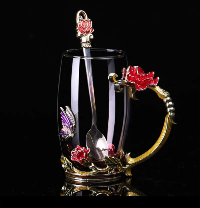 Hand-made Enamel Coffee Mug Crystal Cup Milk Lemon Flower Tea Cup High-grade Glass Drinkware Gift Couple Mug For Lover Wedding