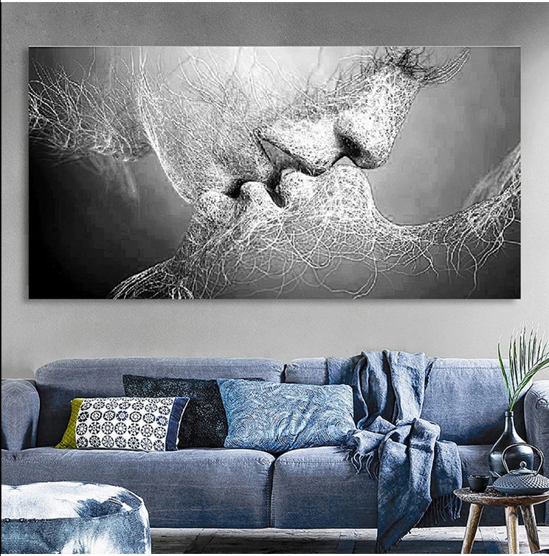 Black Love Abstract Kiss Canvas Modern Couple Wall Art for Living Room, Bedroom & Office Decor