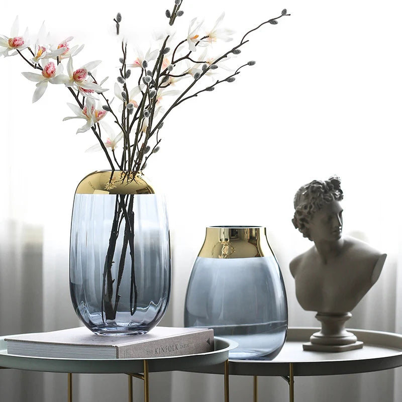 Modern Gold Foil Flower Vase Figurine Living Room Decor Accessories Glass Vase Ornament Home Decoration Furnishing Wedding Decor