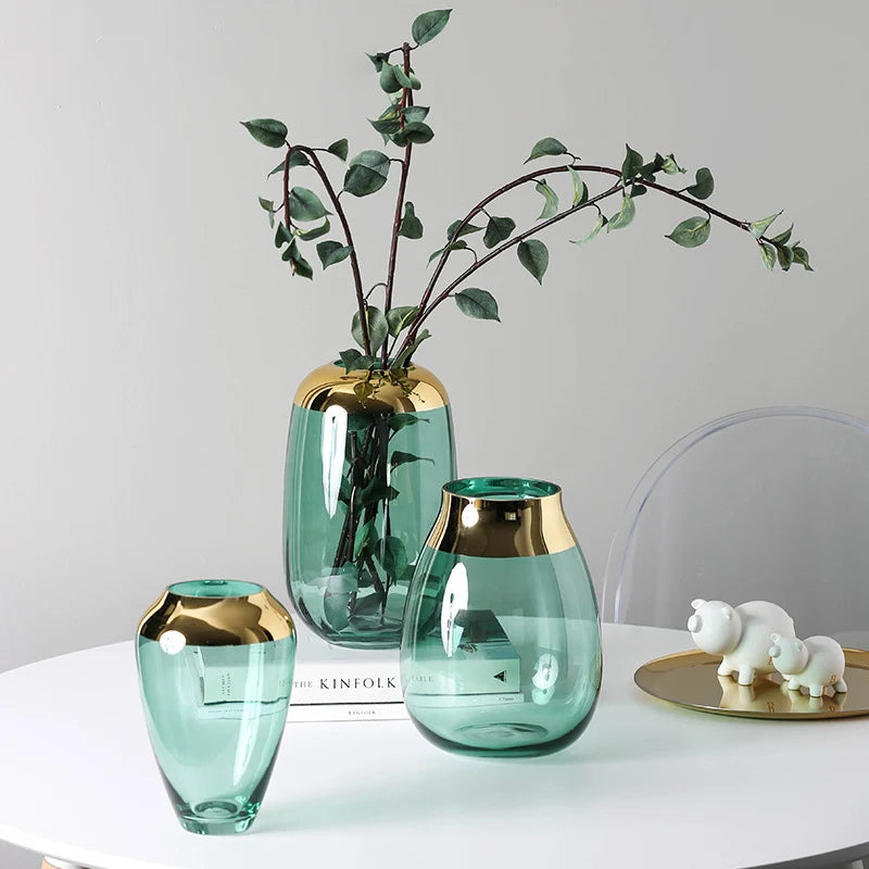 Modern Gold Foil Flower Vase Figurine Living Room Decor Accessories Glass Vase Ornament Home Decoration Furnishing Wedding Decor