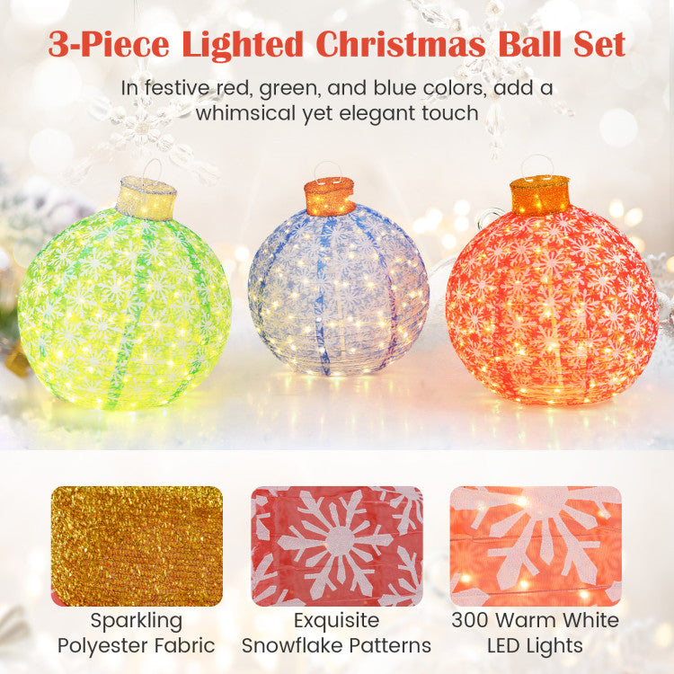 3-Piece Pre-Lit Pop up Christmas Ball Set with Warm White LED Lights