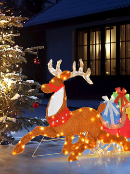 LED Lighted Christmas Reindeer and Santas Sleigh
