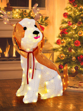 Lighted Christmas Dog with LED Lights Ground Stakes and Cable Tiers