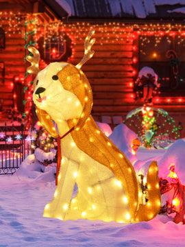 Lighted Christmas Dog with LED Lights Ground Stakes and Cable Tiers