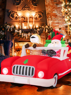 7.7 Feet Long Christmas Inflatable Santa Claus and Reindeer Riding Red Car with Gift Bag and 9 LED White Lights