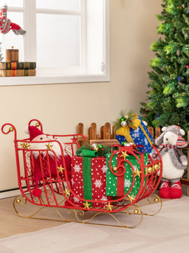 3 FT Christmas Metal Sleigh Decoration Santa Sleigh with 2-Tier Storage Shelf