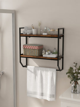 Wall Mounted Towel Shelf with Adjustable Towel Bar and Movable Hooks No Assembly Required