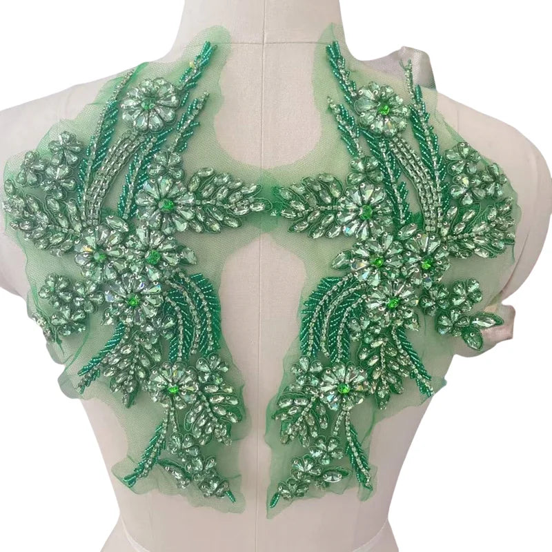 Handmade Rhinestone Flower Patches – 1 Pair Sparkling Mirror Glass Appliques for Gowns & Accessories