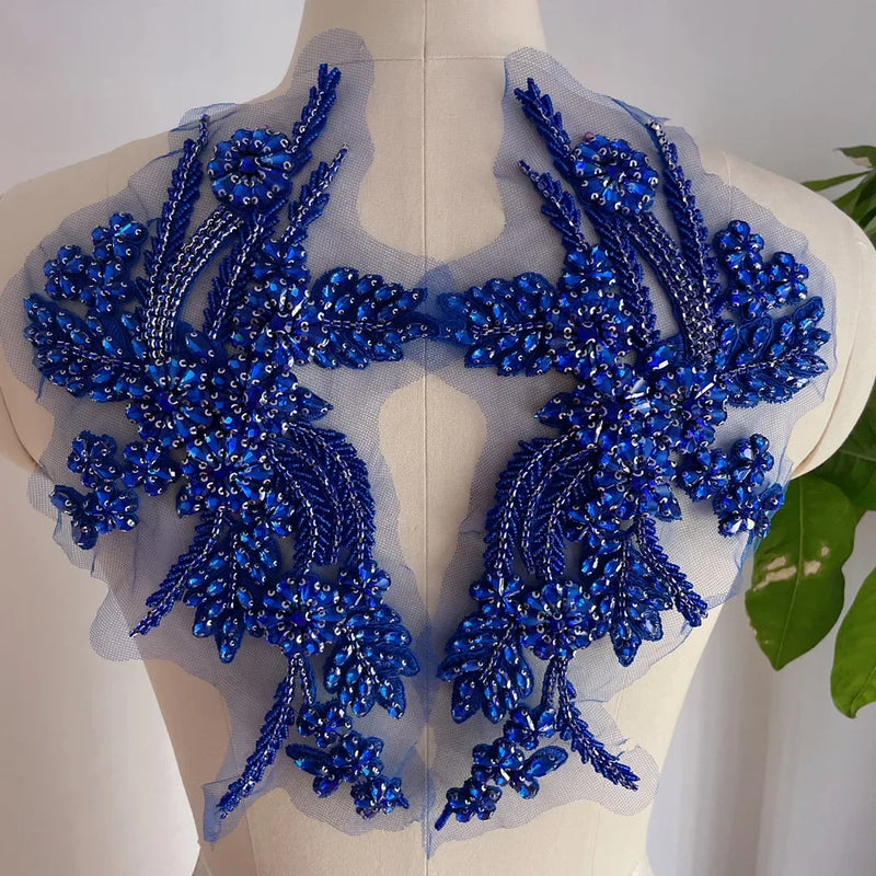 Handmade Rhinestone Flower Patches – 1 Pair Sparkling Mirror Glass Appliques for Gowns & Accessories