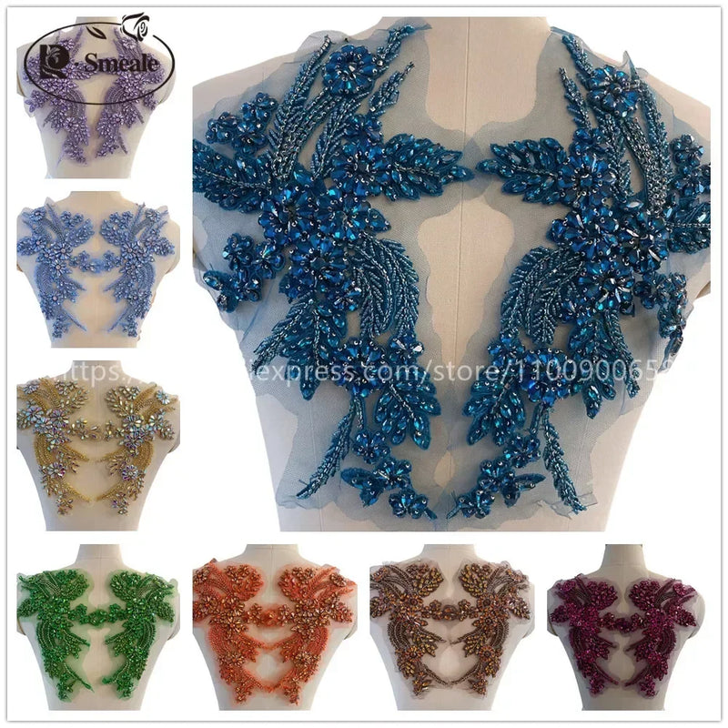 Handmade Rhinestone Flower Patches – 1 Pair Sparkling Mirror Glass Appliques for Gowns & Accessories