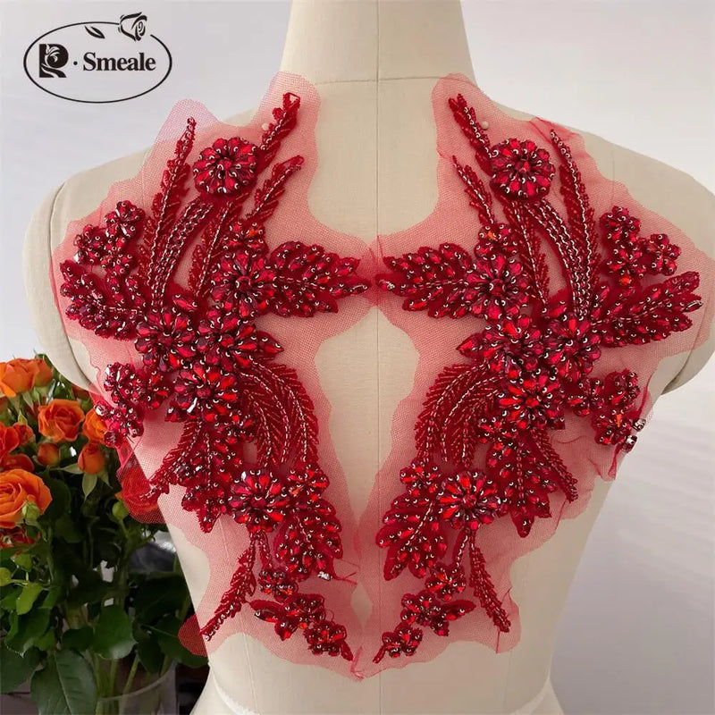 Handmade Rhinestone Flower Patches – 1 Pair Sparkling Mirror Glass Appliques for Gowns & Accessories