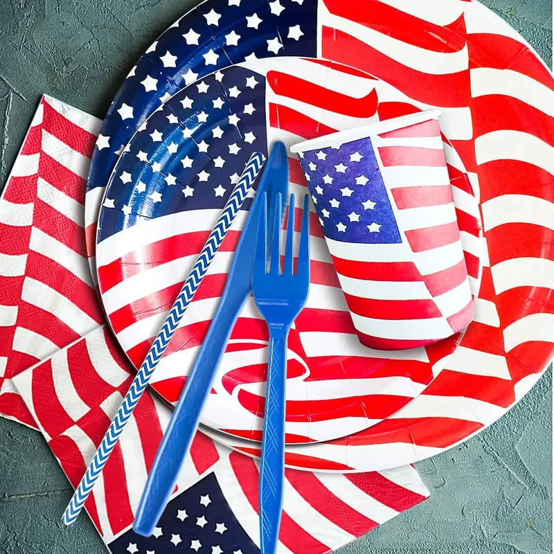 American Flag Patriotic Party 4th Of July Independence Day Supplies Disposable Tableware Cup Fork Veterans Day Party Decorations