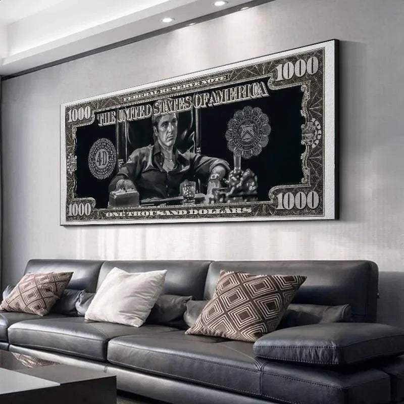 Tony Montana Scarface Canvas Wall Art  HD Dollar Print Poster for Home, Office & Bar Decor