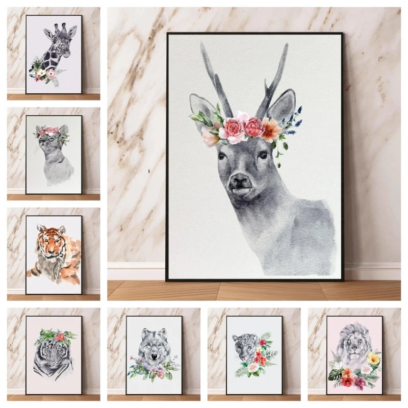 Canvas Painting Of Deer With Flowers And Other Animal Picture Is The Best Gift For Friends And Loved Ones