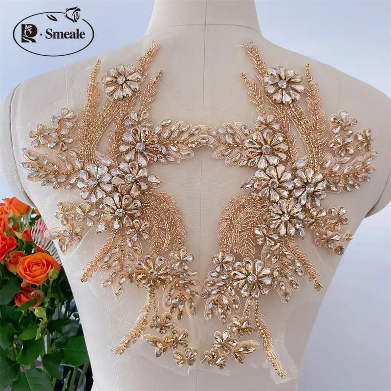 Handmade Rhinestone Flower Patches – 1 Pair Sparkling Mirror Glass Appliques for Gowns & Accessories