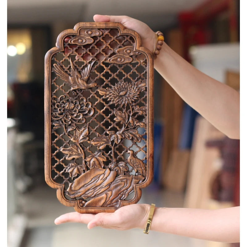 Handcrafted Camphor Wood Carving Wall Art – Chinese Classical Hollow Design for Elegant Home Decoration