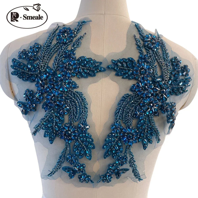 Handmade Rhinestone Flower Patches – 1 Pair Sparkling Mirror Glass Appliques for Gowns & Accessories