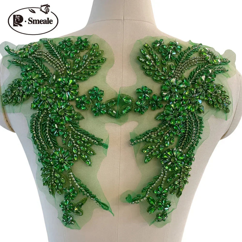 Handmade Rhinestone Flower Patches – 1 Pair Sparkling Mirror Glass Appliques for Gowns & Accessories