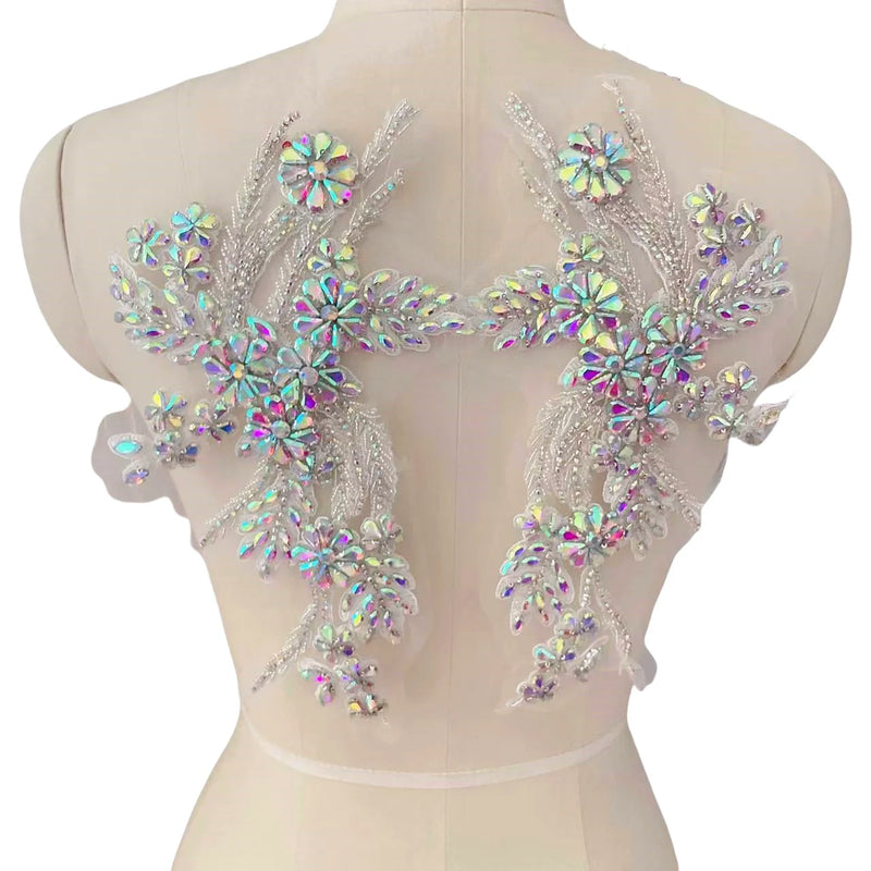 Handmade Rhinestone Flower Patches – 1 Pair Sparkling Mirror Glass Appliques for Gowns & Accessories