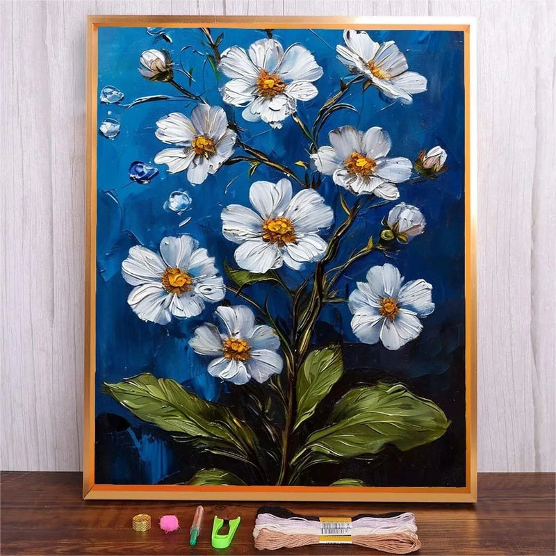 Beginner Embroidery Kit with White Flower Design – DIY Needlework Craft for Adults & Home Decoration