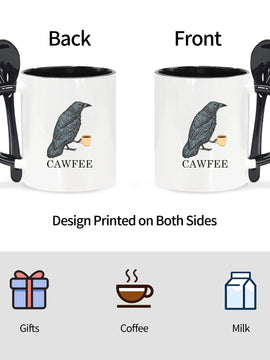 CAWFEE Crow Lover Coffee Mug – 1PC 11oz Ceramic Mug with Spoon, Birthday Gift for Crow Fans, Black