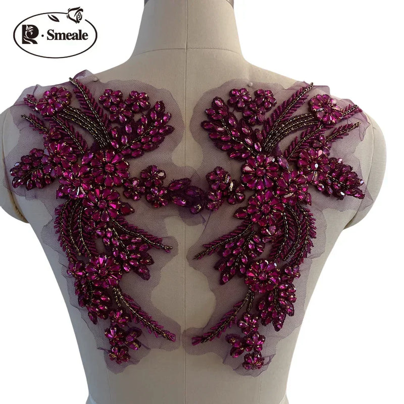 Handmade Rhinestone Flower Patches – 1 Pair Sparkling Mirror Glass Appliques for Gowns & Accessories