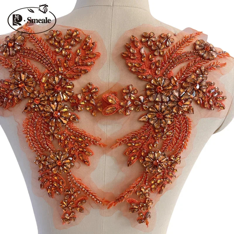 Handmade Rhinestone Flower Patches – 1 Pair Sparkling Mirror Glass Appliques for Gowns & Accessories