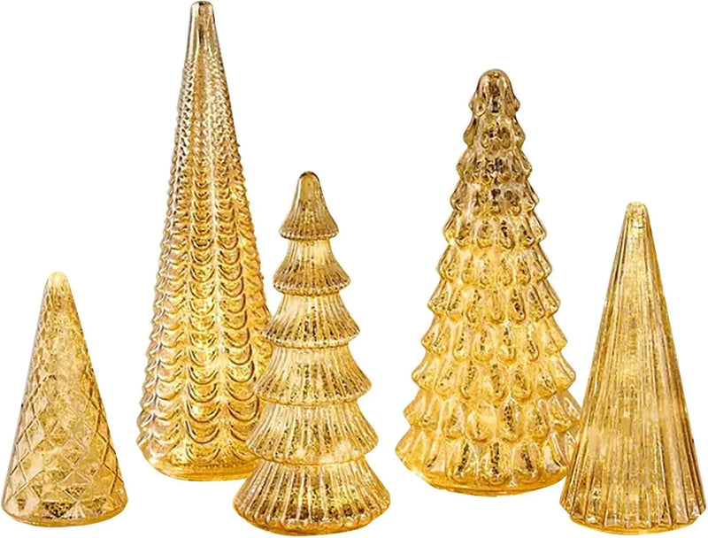 LED Trees Set of 5 Gold 3D Printed Modern Illuminated Christmas Figurines for Home, Party & Xmas Décor
