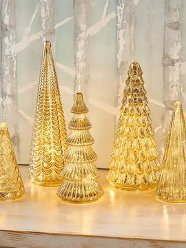 LED Trees Set of 5 Gold 3D Printed Modern Illuminated Christmas Figurines for Home, Party & Xmas Décor