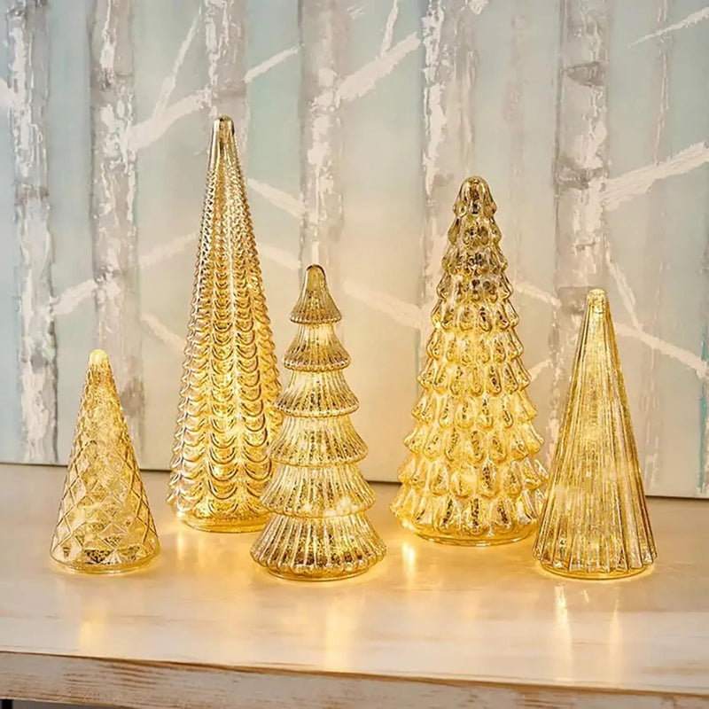 LED Trees Set of 5 Gold 3D Printed Modern Illuminated Christmas Figurines for Home, Party & Xmas Décor