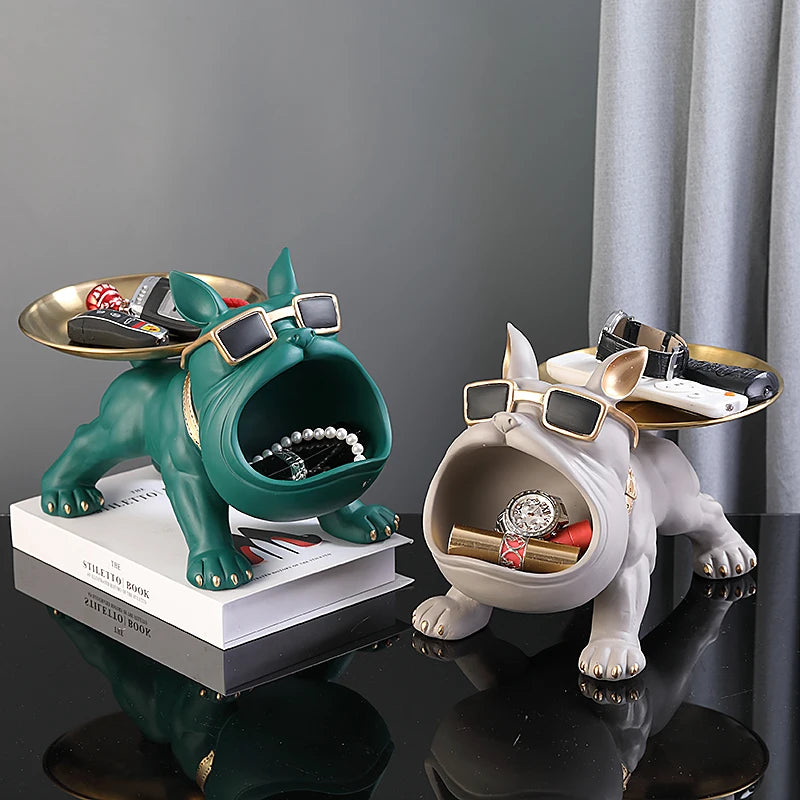 Resin Bulldog Figurine with Storage Cute Dog Sculpture Ornament for Home & Desktop Decor