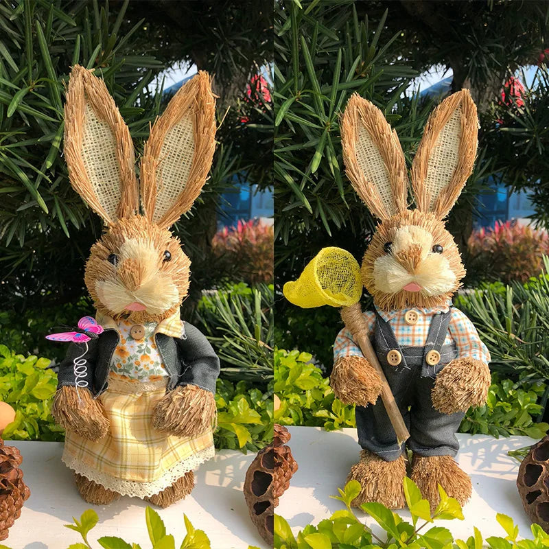 2024 Year Easter Straw Easter Rabbit Decoration with Clothes Happy Easter Home Garden Wedding Ornament Photo Props Crafts Bunny