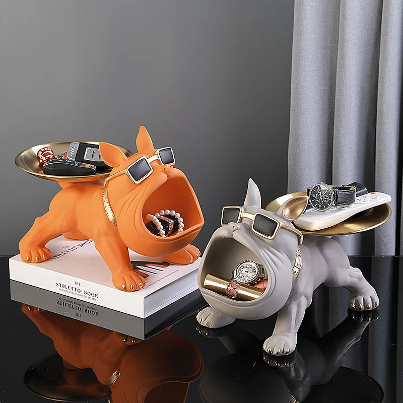 Resin Bulldog Figurine with Storage Cute Dog Sculpture Ornament for Home & Desktop Decor