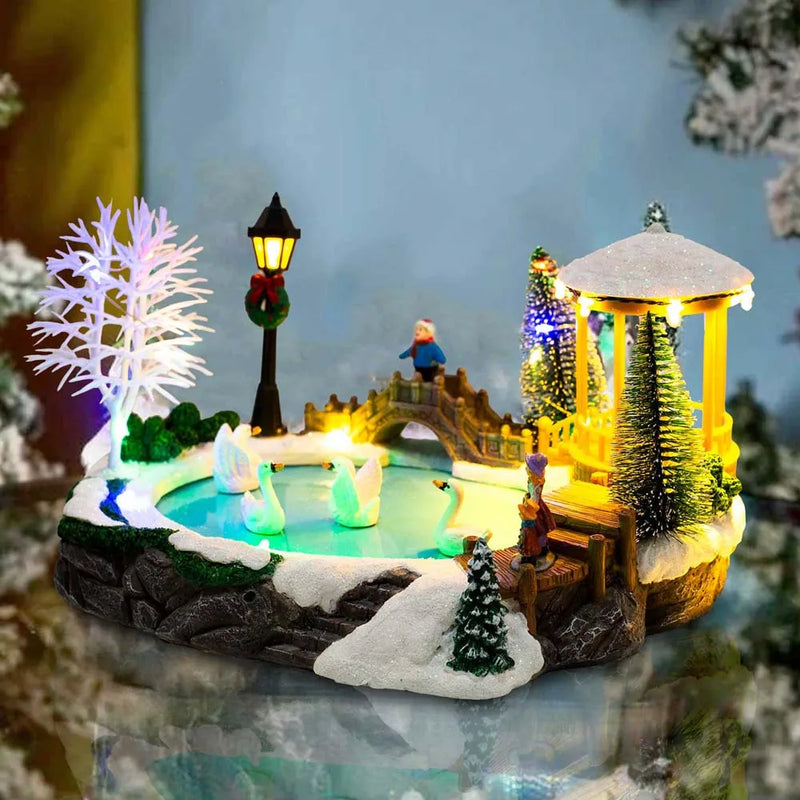 Holiday Table Décor LED Light Up Christmas Village Scene with Snowy Bridge, Pine Trees & Swans on Ice Pond