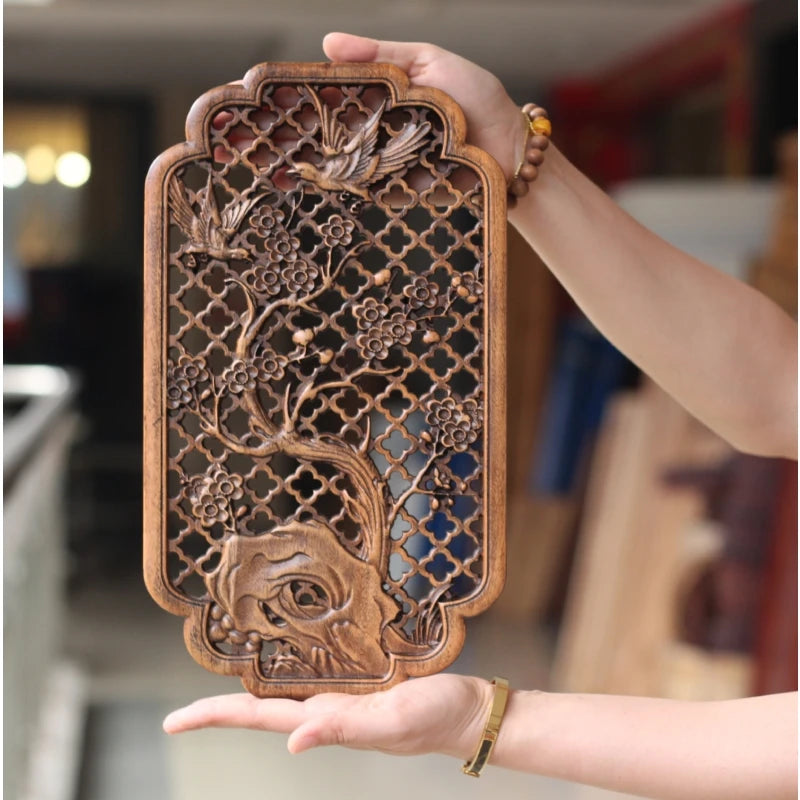 Handcrafted Camphor Wood Carving Wall Art – Chinese Classical Hollow Design for Elegant Home Decoration