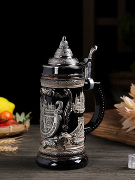 Engraved German Beer Mug – Ceramic Tankard Cup with Metal Lid, Creative Gift for Dad and Men